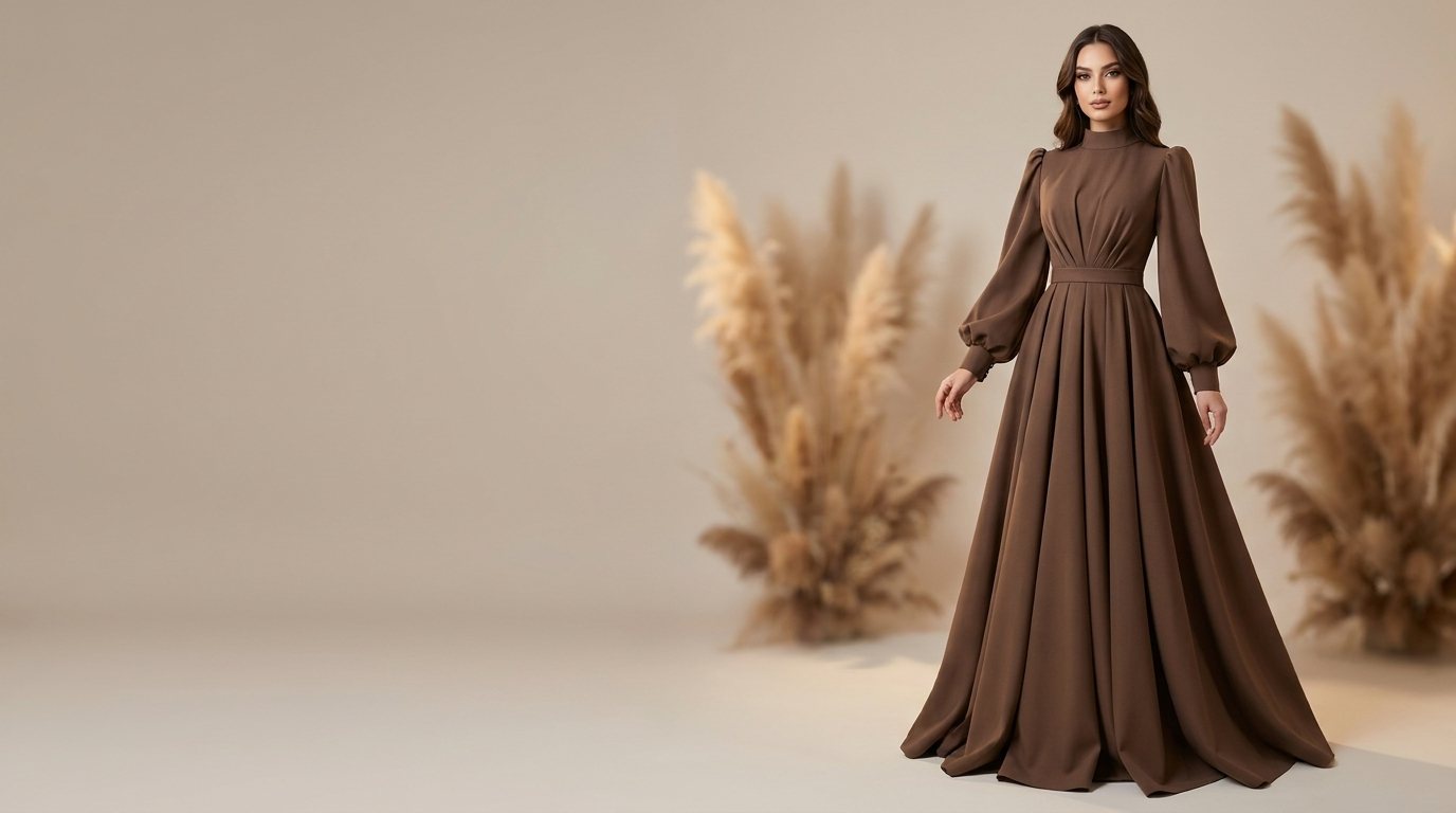 Elegant brown maxi dress with puff sleeves