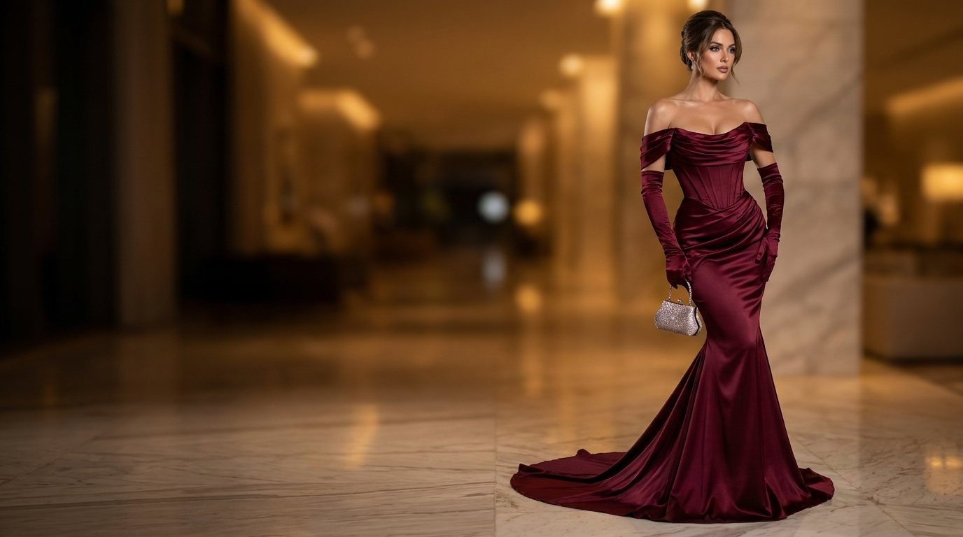 Burgundy satin off-shoulder gown
