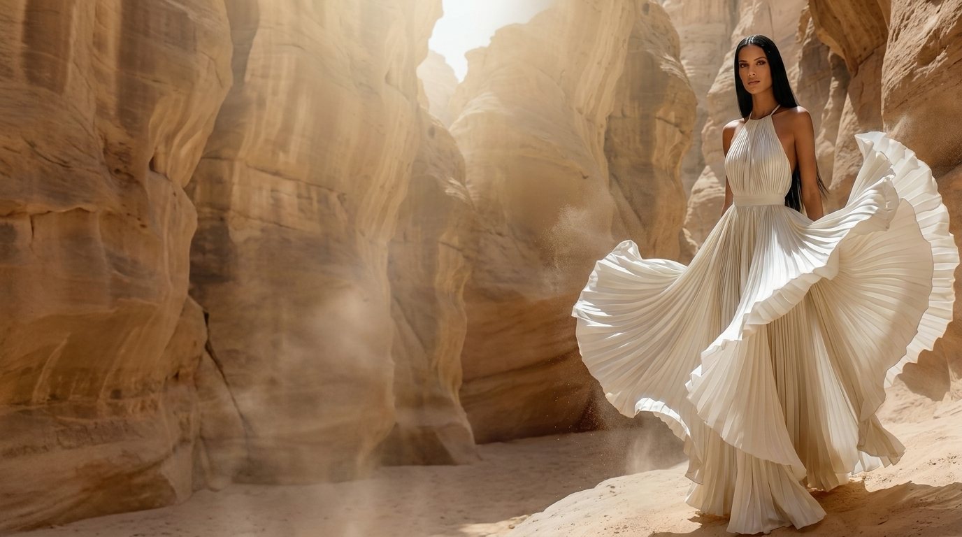 Flowing white pleated gown in a golden canyon